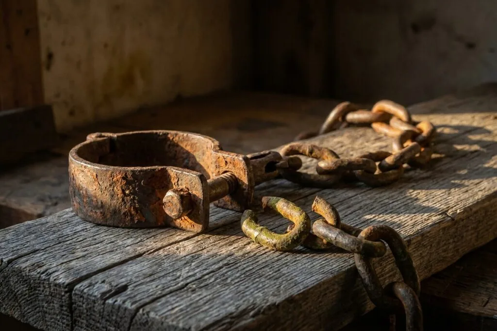 A broken shackle and chain — freedom from the law