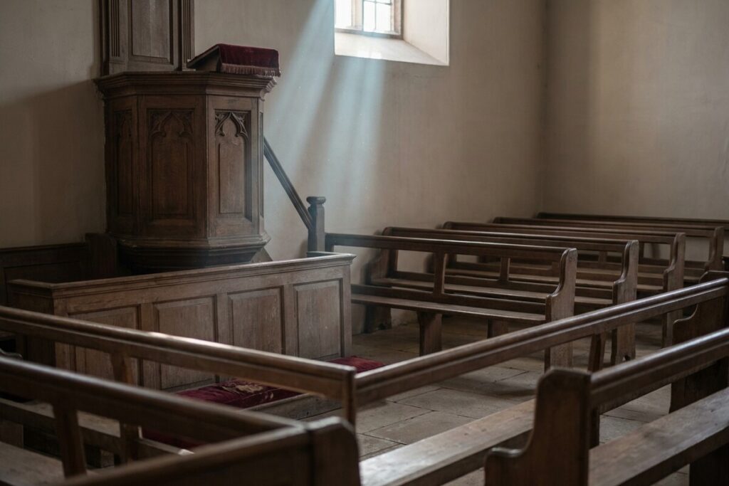 An empty pulpit in an old meetinghouse