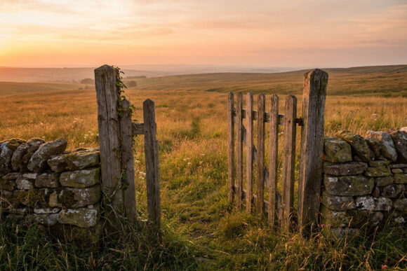 An open gate onto a sunlit moor