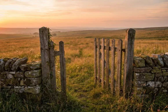 An open gate onto a sunlit moor