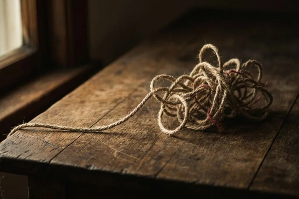 A length of twine running straight then tangling into a hopeless knot — when salvation got complicated