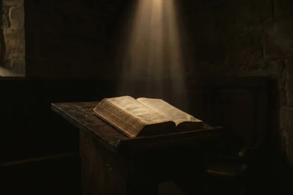 An open Bible lit by a single dramatic beam